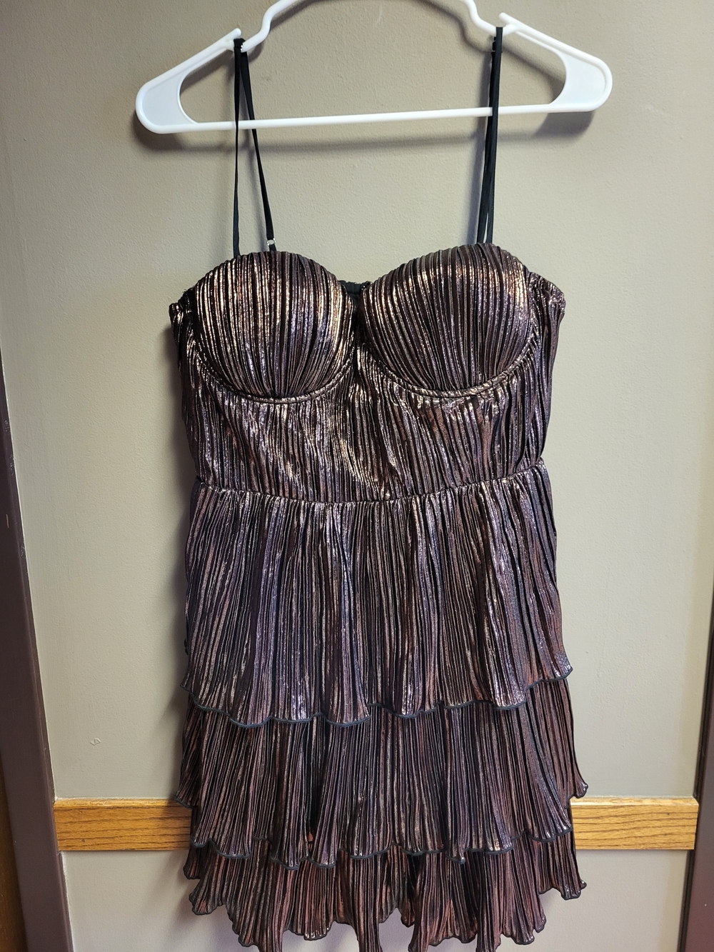 Vici Metallic Bronze Tiered Pleated Prom Dress